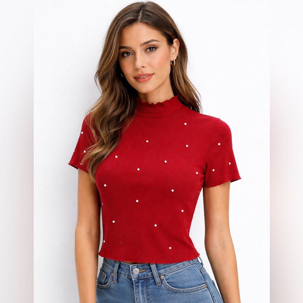 SHEIN Red Pearl-Embellished Ribbed Mock Neck Crop Top